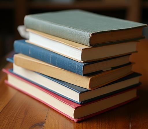 Close-up of a stack of diverse books on a table