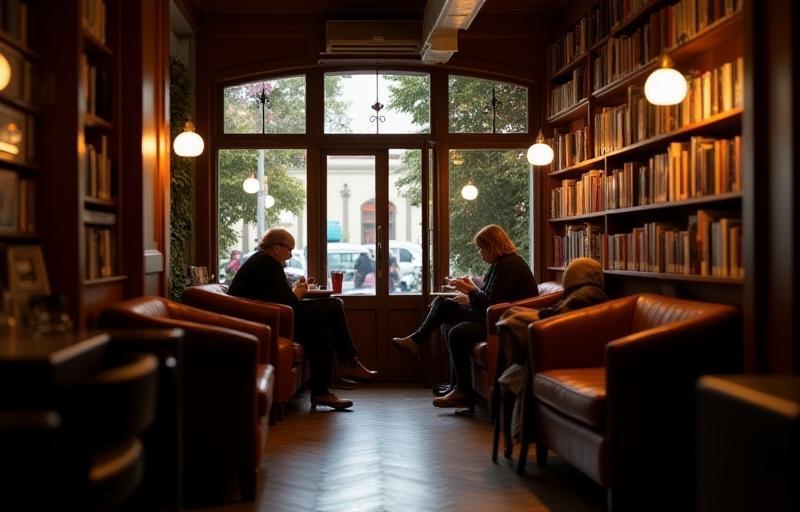 Warm, inviting interior of Livraria Cultural's cafe with comfortable seating and books nearby