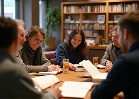 Image of adults discussing a book