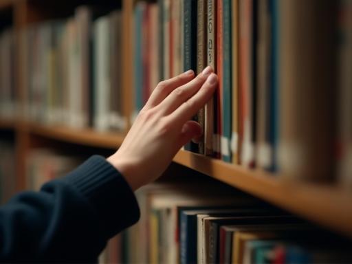Detailed shot of a hand browsing books on a shelf, emphasizing the act of selection