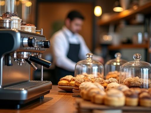 Close-up of the cafe counter with pastries and coffee machine, showing warmth and detail