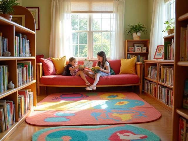 Colorful children's reading corner with cushions and low shelves, highlighting the family-friendly space