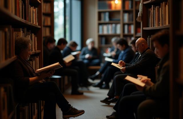 Photo of people quietly reading in different areas of the bookstore, showing the calm atmosphere