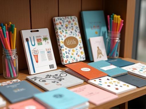 Display of various stationery items including notebooks, pens, and art supplies