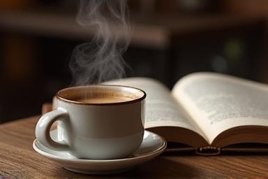 Image of a coffee cup on a table next to a book